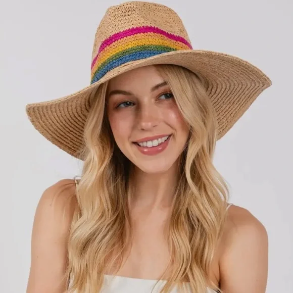 Rainbow Stripe Raffia Sun HatWide Brim Beach Style display picture 2
